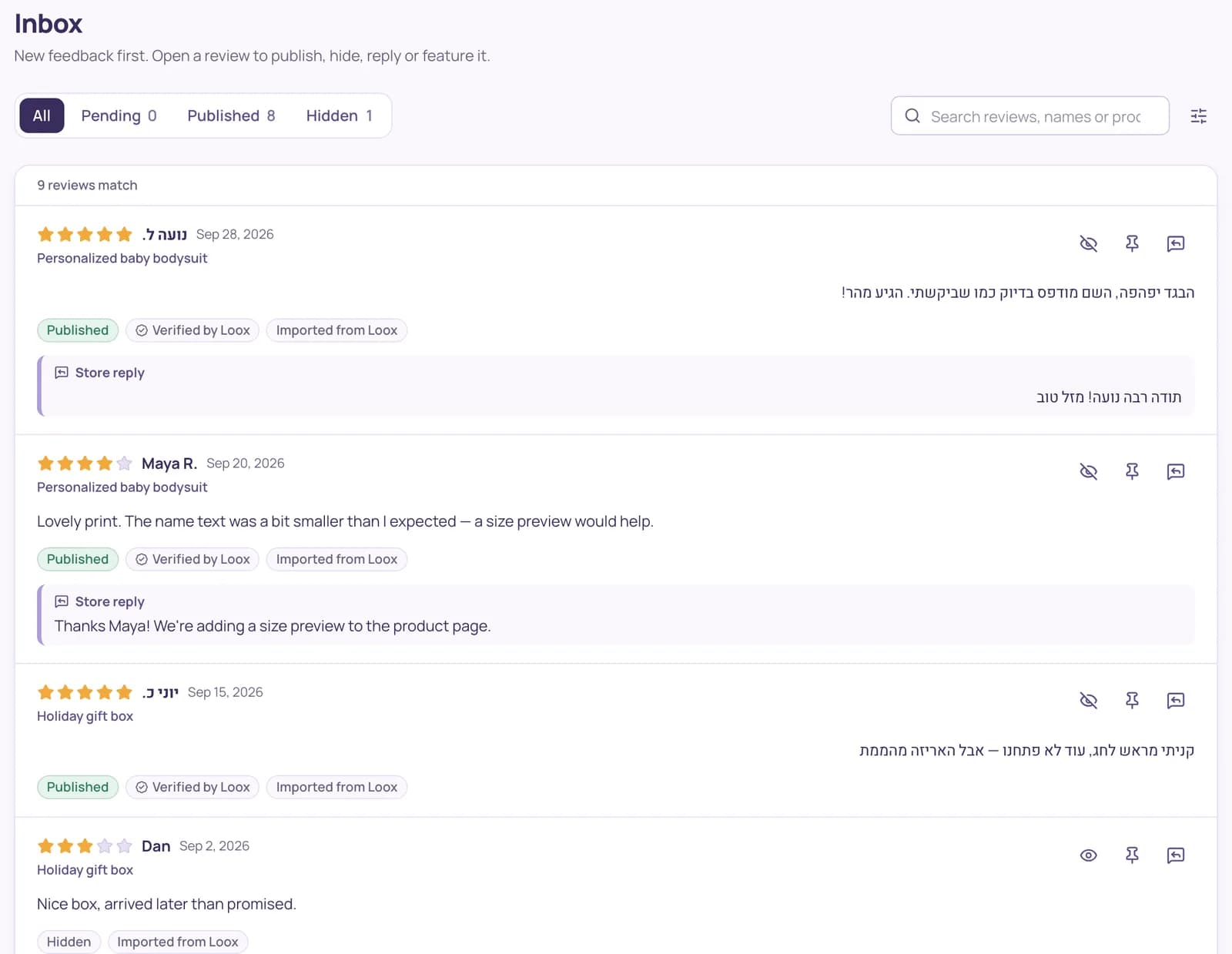 The Feedpack inbox listing reviews with their status, source and store replies, with actions to hide, pin or reply.