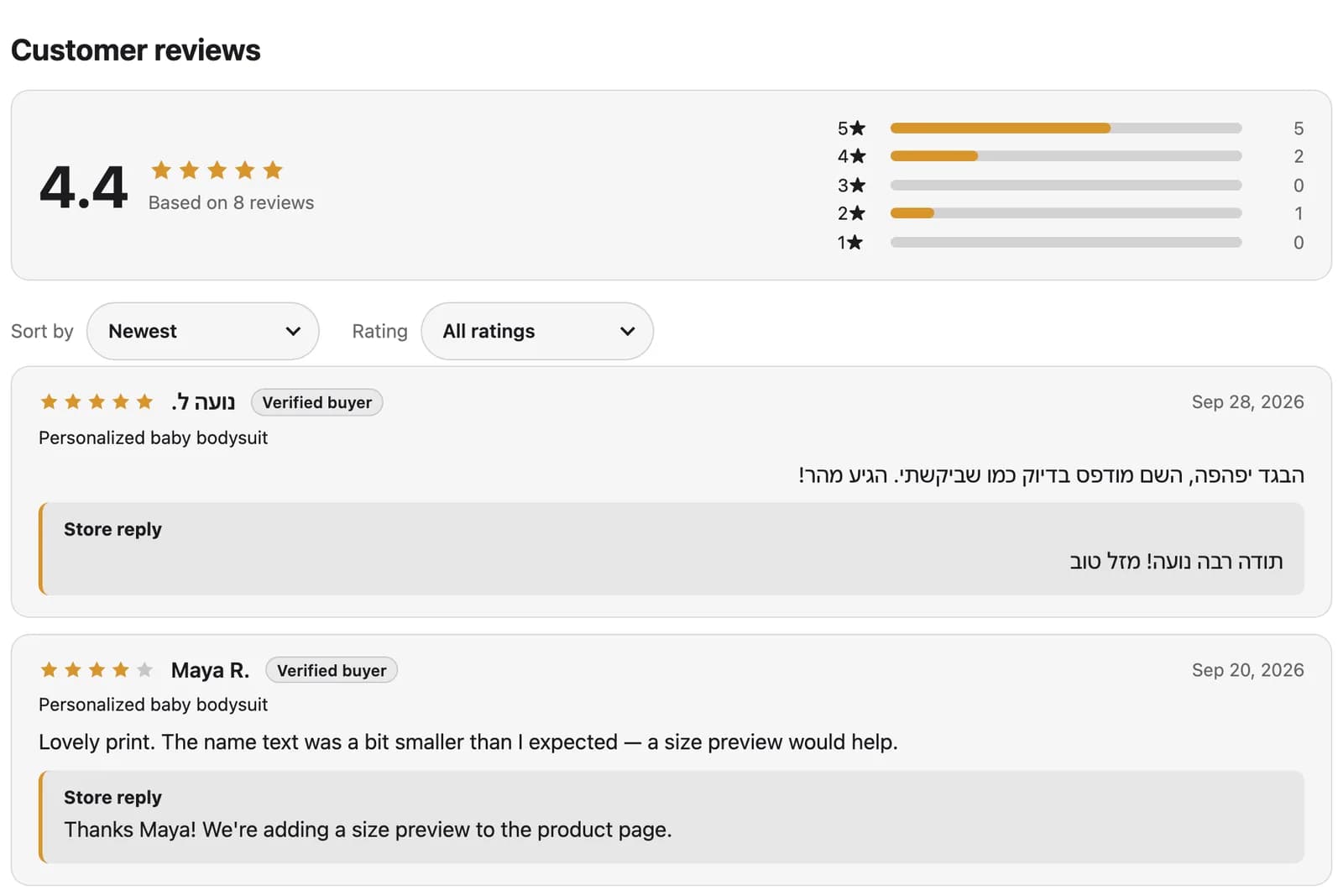 Feedpack review list on a product page: a 4.4 average from 8 reviews with a star breakdown, sort and rating filters, and review cards with verified-buyer badges and store replies.